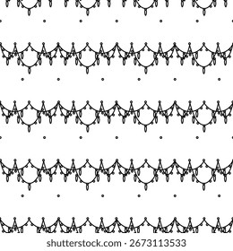Pattern of festive garland with crystals, doodle. More threads with icicles tied to hand-drawn thread with crystals. Black outline. Seamless texture for holidays. Wedding, birthday, valentine's day