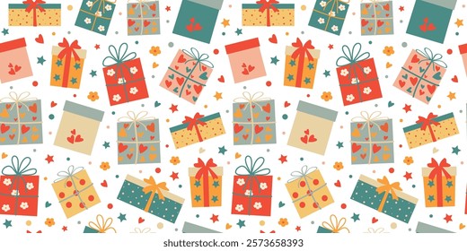 Pattern festive gift wrapping, gift box. Flowers, hearts, repeating background. Boxing day. Holiday, Valentine's Day, Birthday. 