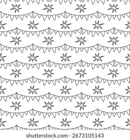 padrão de glândula alongada festiva com bandeiras em corda. Rabiscar desenhado à mão. Bandeiras ovais de diferentes tamanhos sobre fundo estrelado. Textura perfeita para feriados. Casamento, dia das mães, aniversário