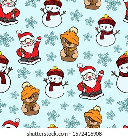 pattern festive winter seamless grandfather frost snowman bear christmas background colorful illustration vector doodle
