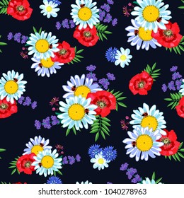 Pattern field of flowers on a dark background. Lavender, poppy, chamomile. For textiles, background, Wallpaper, boxes, wrapping paper.