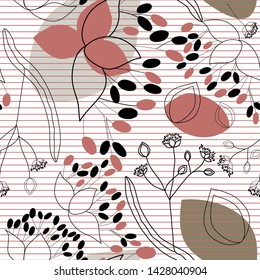 The pattern of field plants of the north-western Caucasus in delicate, pastel pink, blue-gray colors, colors. Seamless floral background. Black fine graphics. Wallpaper, textiles, paper, pastels, cott