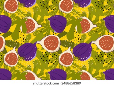 Pattern with figs, seamless vector background with fruits and fig leaves, bright print with exotic fruits for printing on fabric and gift paper, banner for decoration