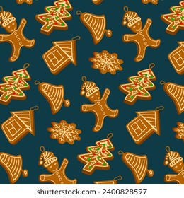 Pattern with figured Christmas cookies.Figured New Year's cookies on a colored background in a seamless vector pattern.