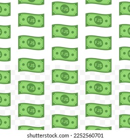 Pattern of Fijian Dollar banknotes on transparent background with mini doodle (icon) and green color. Vector Illustration