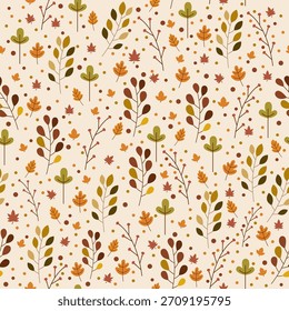 Pattern filled with colorful leaves branches and berries.
