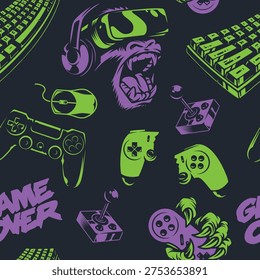 A pattern filled with gaming elements like controllers keyboards a headset and a monkey wearing VR goggles. The design features bright colors and game over text.
