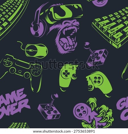 A pattern filled with gaming elements like controllers keyboards a headset and a monkey wearing VR goggles. The design features bright colors and game over text.