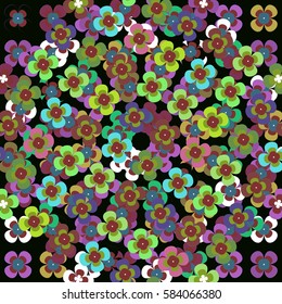 pattern with fine with colored flowers on a black background