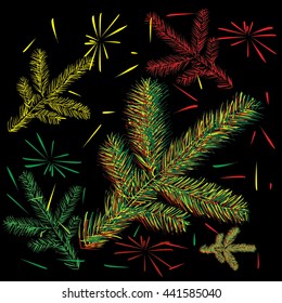 pattern with fir branches and fireworks