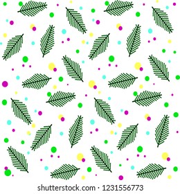 Pattern of fir branches and multicolored circles on a white background. Christmas and New Year background.