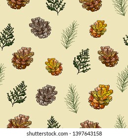 Pattern of fir pine cone  pattern and needles on a yellow background