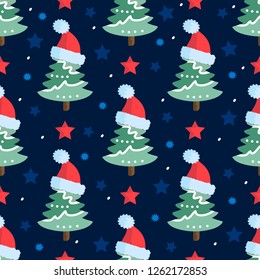 Pattern with fir trees in red caps for New year and Christmas holiday on blue background with stars. For textile, fabric, Wallpaper, decoration, wrapping paper, background, postcard.