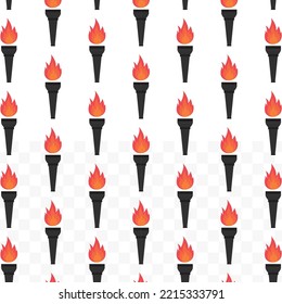 Pattern of fire torch on Transparent background (PNG) with mini doodle (icons). Vector Illustration