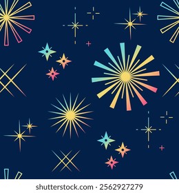 Pattern of fireworks and stars on night background. Celebration christmas and new year holiday. Shine light festive print. Vector illustration