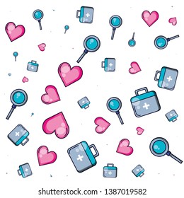 pattern of first aid kit with hearts and magnifying glass