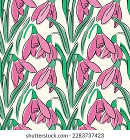 A pattern with the first spring flower, a snowdrop. Fresh, delicate colors. 
Pink and green. Line and spot. For the design of fabrics, wrapping paper, wallpaper.
