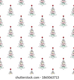 Pattern with fir-tree. Lettering Merry Christmas. Perfect for greeting cards, party invitations, posters, stickers, clothes. Pattern on white background Christmas and New Year concept