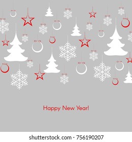 Pattern with fir-trees snowflakes balls of stars with text Happy New Year Winter background for New Year and Christmas holidays Pattern for postcard poster cover wallpaper invitation template Vector