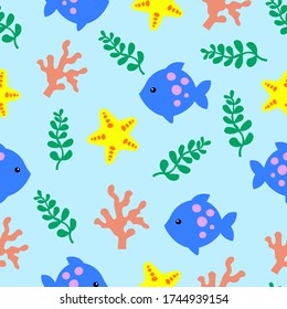 pattern. fish, algae, corals and starfish on a blue background. children's illustration