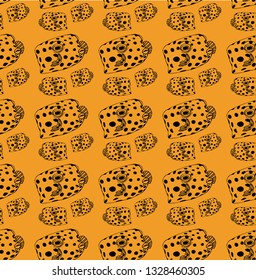 Pattern with fish, black color, contour, isolated on yellow background, stock vector illustration for design and decor, prints, fabrics, wrapping paper, marine theme, eco, sea