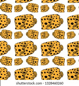 Pattern with fish, black and yellow, outline, isolated on white background, stock vector illustration for design and decor, prints, fabrics, wrapping paper, marine theme, eco, sea