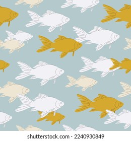 Pattern with fish in blue colors. Pattern for textiles. The image of fish swimming in the ocean, a pattern for wallpapers, clothes, dishes. Children's illustration.