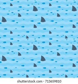 Pattern fish and fins sharks swimming in blue sea. Sharks pattern. Fish pattern. Sharks and fish swimming in sea print.