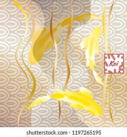Pattern with fish, Koi carp on  traditional Japanese background. Monochrome pastel soft brown. Vector illustration, Cyprinus Carpio.