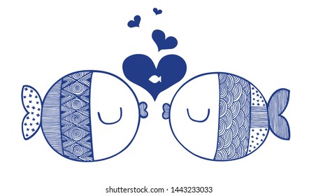 pattern of fish in love, unique print for nursery posters, cards,  clothes, greeting card for valentines day