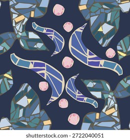 Patrón con un mosaico de pescado. Dibujado a mano y colocado piezas de azulejos. Ilustración original. Vector