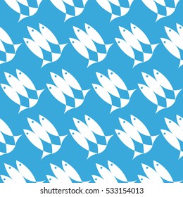 Pattern with fish motives in blue color in the background. Material for card design, textile, background, wallpapers, wrapping paper, texture