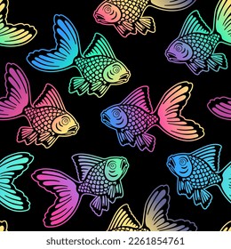 Pattern with fish. Multi-colored fishes on a black background. Seamless pattern.