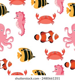 Pattern of fish, octopus, seal and crab. Vector Illustration