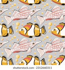 Un patrón con peces de colores pastel. Colores amarillos, rosados y negros. Fondo gris-azul. Burbujas, textura. Para textiles, papel de envoltura, invitaciones, postales.