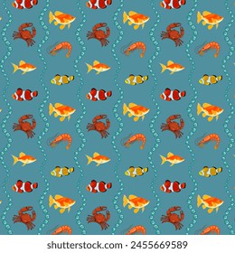 Pattern with fish and sea animals.Vector seamless pattern with sea animals and fish on a colored background with bubbles.