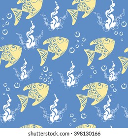 Pattern with fish and seaweed on blue background, pattern Textile, seamless pattern, children's wallpaper with fish, sea animal