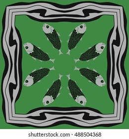 Pattern with fishes, frame . Hand drawn.