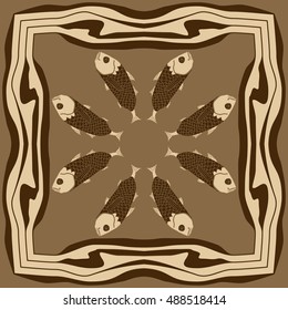 Pattern with fishes, frame . Hand drawn.