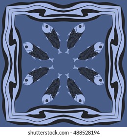 Pattern with fishes, frame . Hand drawn.