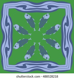 Pattern with fishes, frame . Hand drawn.