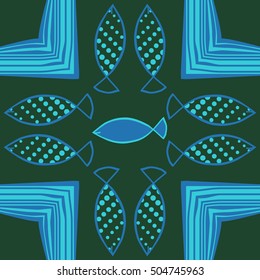 Pattern with fishes, halftone, stripes.
