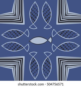 Pattern with fishes, halftone, stripes.