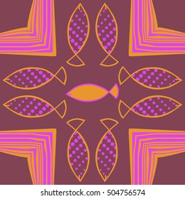 Pattern with fishes, halftone, stripes.