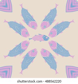 Pattern with fishes. Hand drawn.