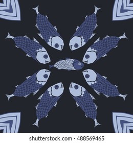 Pattern with fishes. Hand drawn.