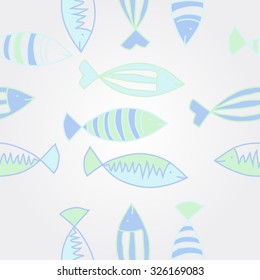Pattern with fishes motif, spots,fish, ellipses, zigzag. Hand drawn.