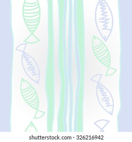 Pattern with fishes and stripes motif,spots , ellipses, zigzag. Hand drawn.
