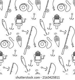 Pattern with fishing rod, hook and float. Doodle style. Fishing seamless pattern. Vector illustration.