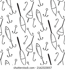 Pattern with fishing tackle. Seamless pattern with floats and hooks. Doodle style. Vector illustration.